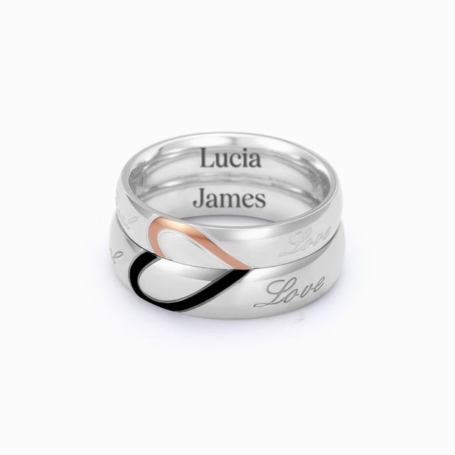 Half Heart Two Tone "Real Love" Ring for female and male stack together on white background