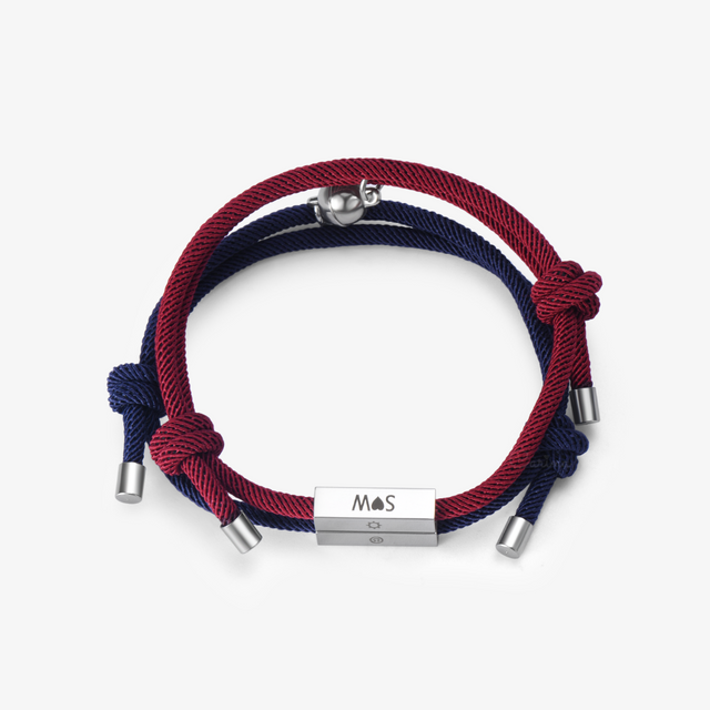 blue and wine red colored Custom Couple Magnetic Bracelet pair on white background