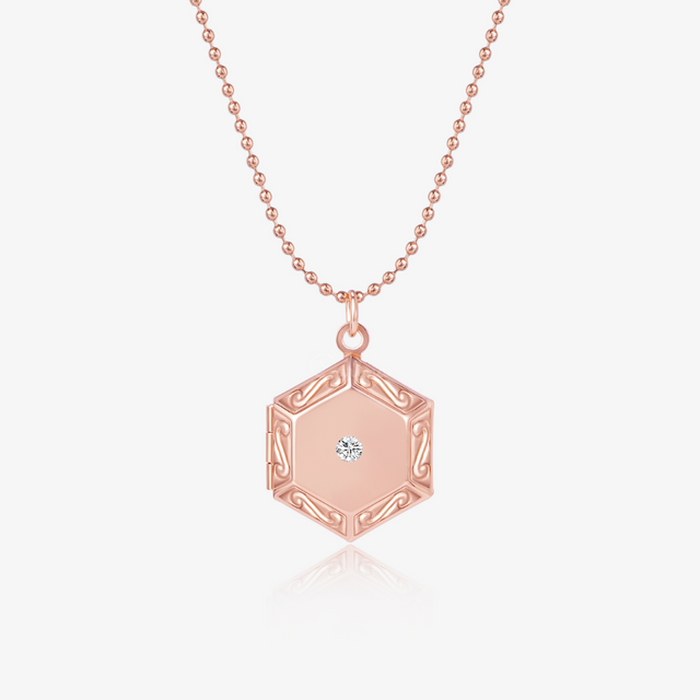 Pentagon Locket Necklace in rose gold on white background