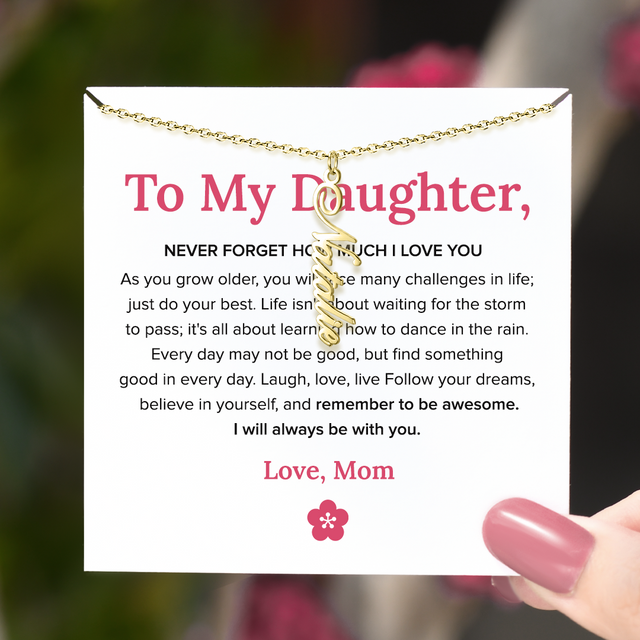 card design, message card, and the gold vertical name necklace