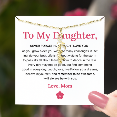 card design, message card, and the gold vertical name necklace