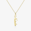 gold vertical name necklace on white background