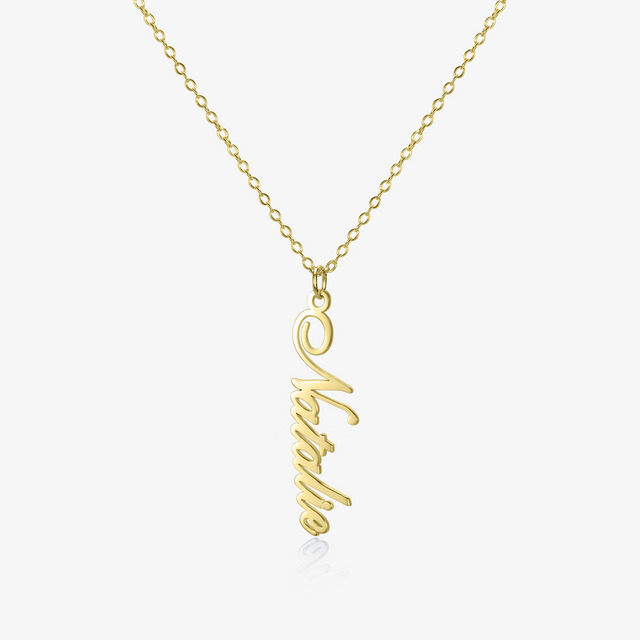 gold vertical name necklace on white background