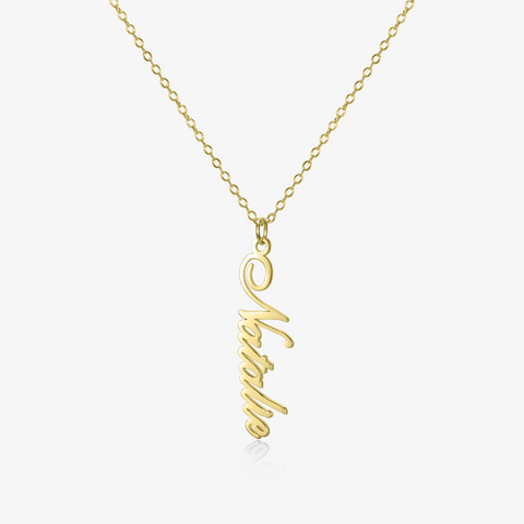 gold vertical name necklace on white background