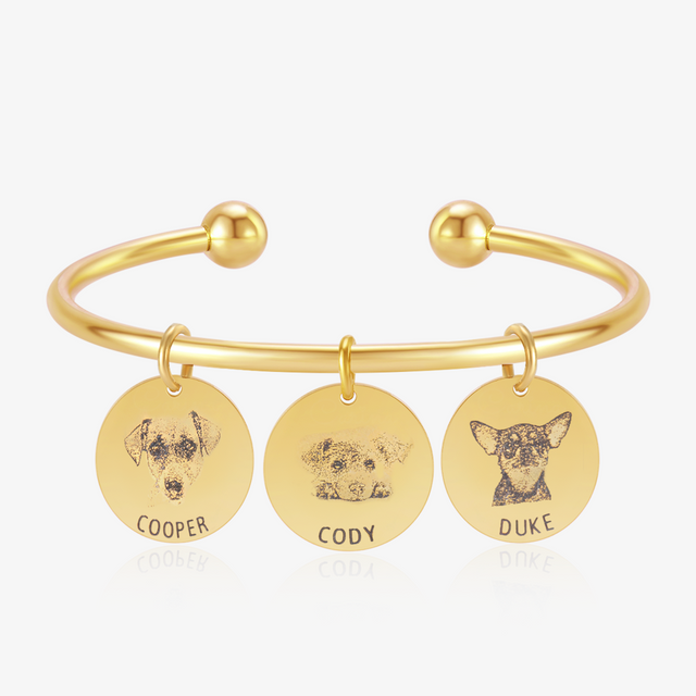 gold Personalized Pet Portrait Name Cuff Bracelet on white background