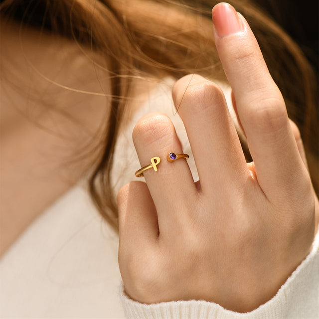 model wearing Initial Letter Birthstone Ring