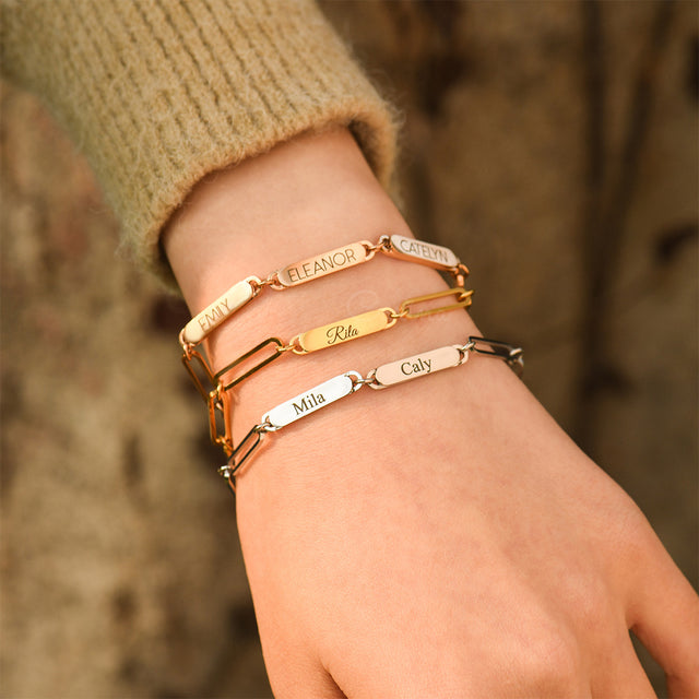 model wearing rose gold, gold, silver Multiple Name Link Bracelets