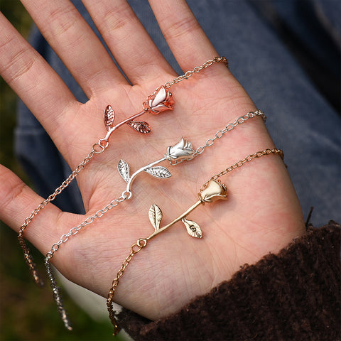 three variants of Beauty and the Beast Rose Initial Bracelet - rose gold, silver, gold