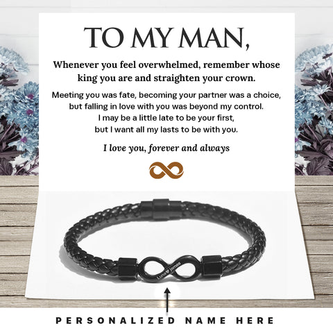 Card Message of To My Man, Personalized Dual Name Infinity Leather Bracelet