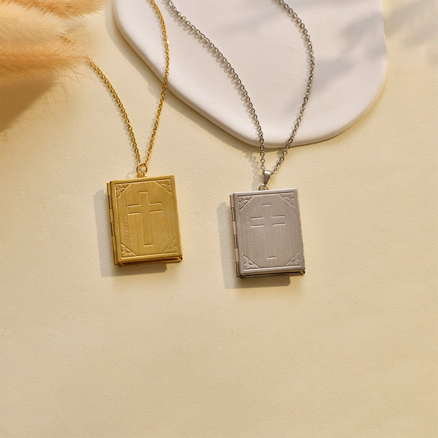 gold and silver Cross Photo Box Locket Necklace