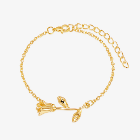 Gold Colored Beauty and the Beast Rose Initial Bracelet on white background