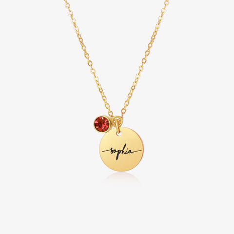 gold colored Monogram Script Birthstone Necklace on a white background