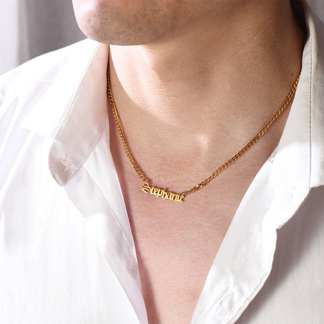 male model wearing gold Personalized Pave Name Necklace
