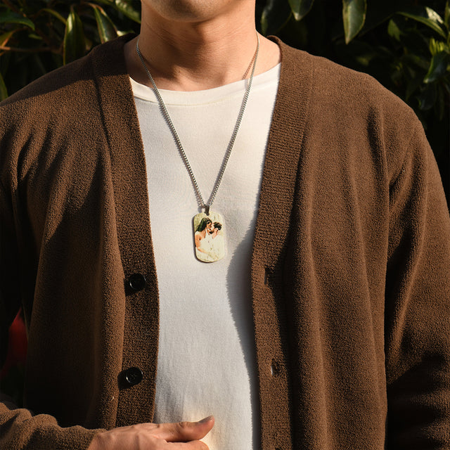 male model wearing Personalized Photo Engraving Necklace