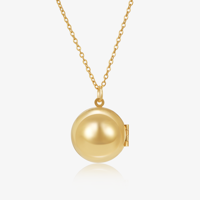 gold Round Ball Locket Necklace on white background