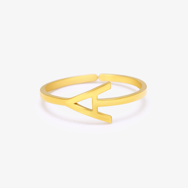 gold Stackable Sideway Initial Ring on white background