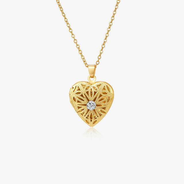 gold Stone Heart Locket Necklace on white background