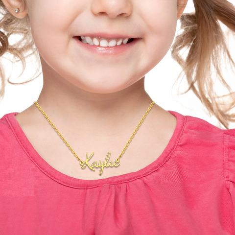 kid wearing gold Kids Fairy Name Necklace