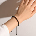 female model wearing until we meet again morse code bracelet