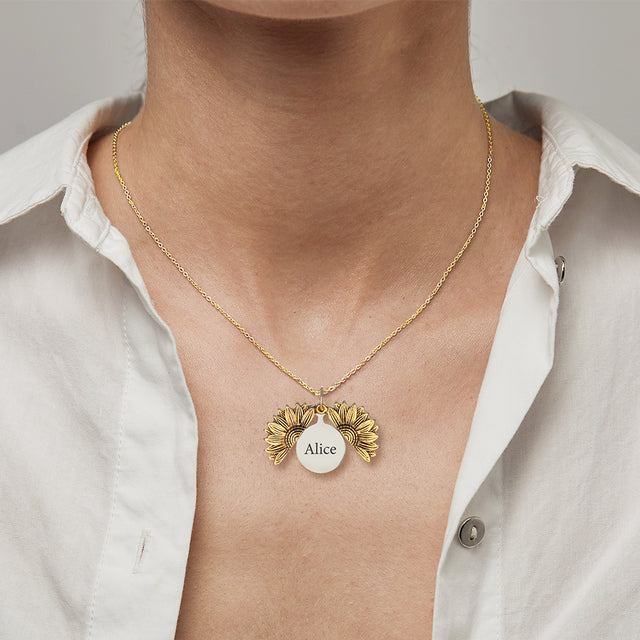 gold Sunshine Personalized Necklace worn by model