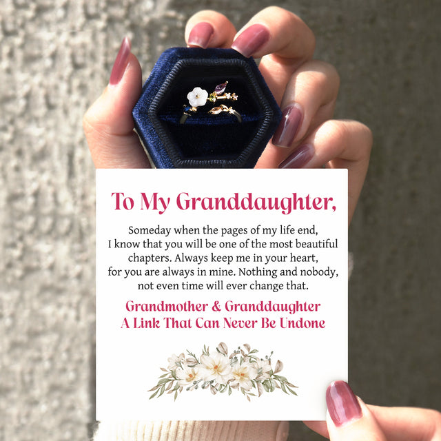 To My Granddaughter, “A Link That Can Never Be Undone” Crystal White Blossom Ring with heartwarming message card