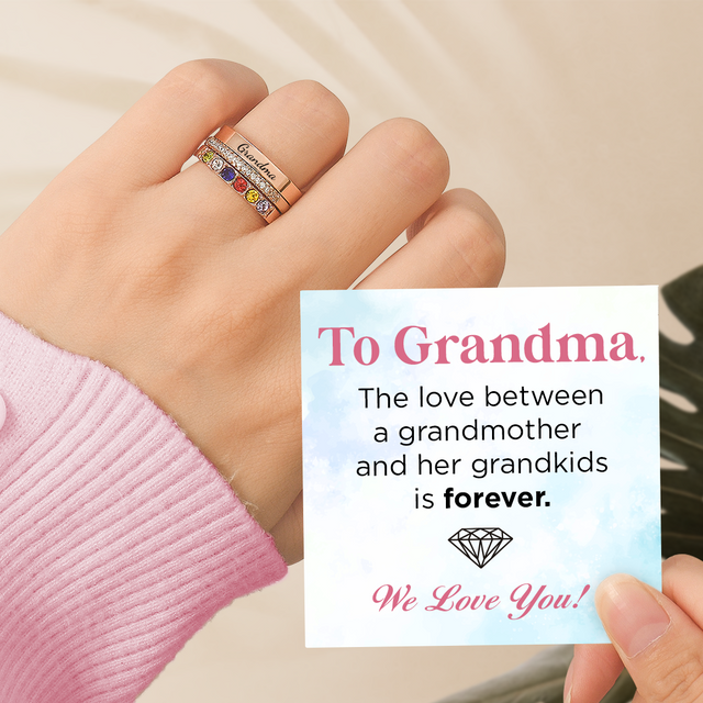 To Grandma, Love Grandkids Personalized Birthstones Ring with heartwarming message card