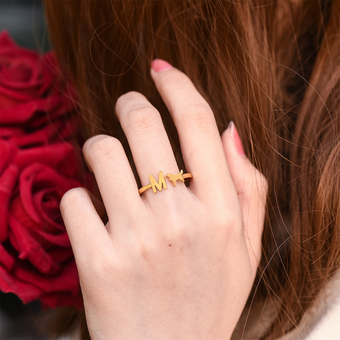 model wearing gold Custom Initial Pet Ring