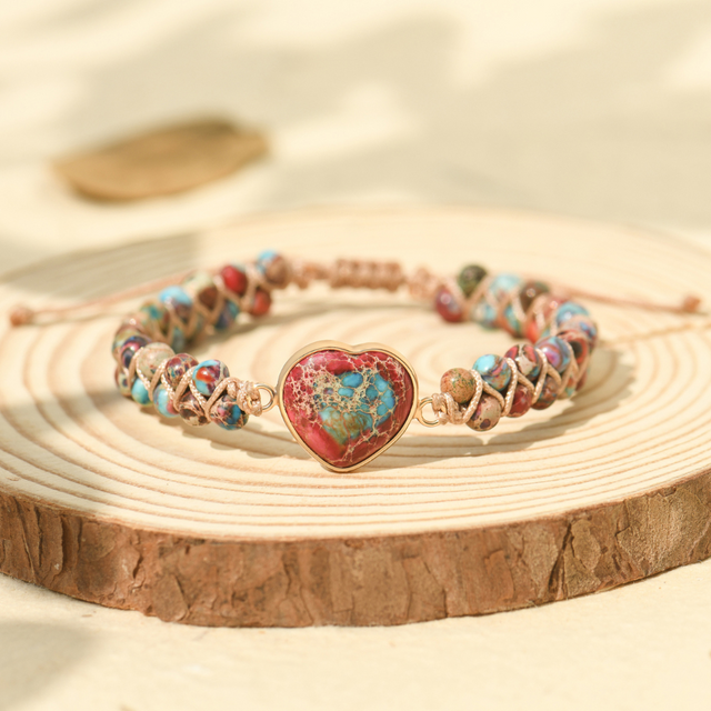 red Jasper Heart Bracelet on wood