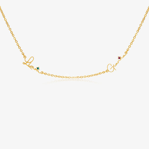 gold Minimalist Birthstone Name Necklace on white background