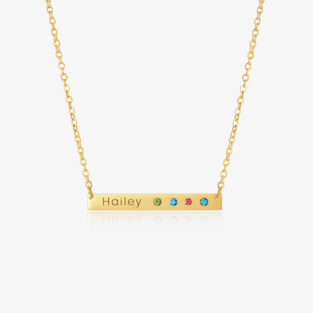 gold Custom Birthstone Name Bar Necklace on a white background