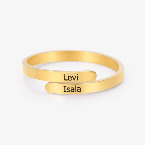 Custom Double Name Wrap Ring in gold on white background