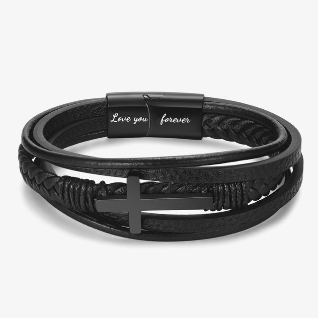 Black variant of the leather cross bracelet with "Love you forever" engraving