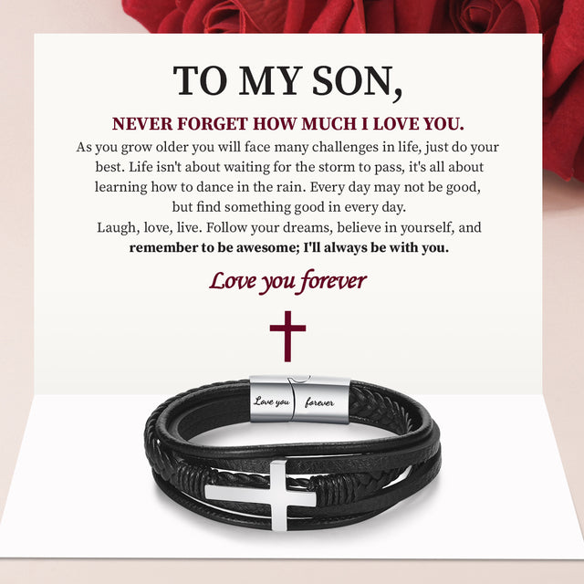 To My Son Love you Forever Leather Cross Bracelet Card message