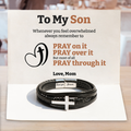 To My Son Pray Through It Leather Cross Bracelet Card message