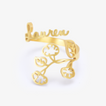 gold colored Custom Birth Flower and Name Ring on a white background