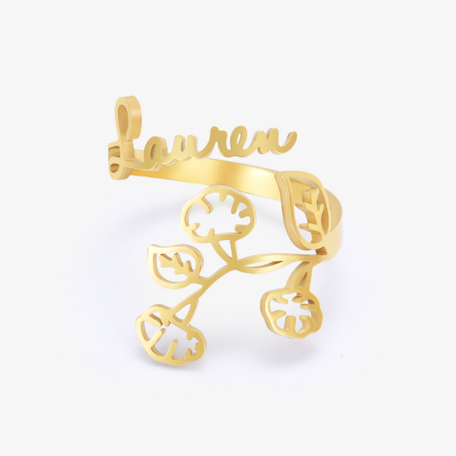 gold colored Custom Birth Flower and Name Ring on a white background