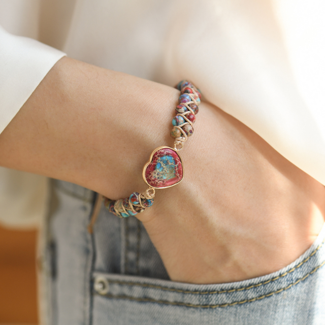 female model wearing red Jasper Heart Bracelet