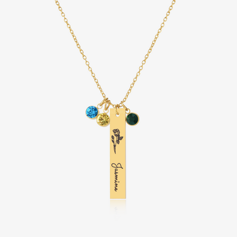 Personalized Birthstone and Birth Flower Name Bar Necklace in gold-colored on a white background