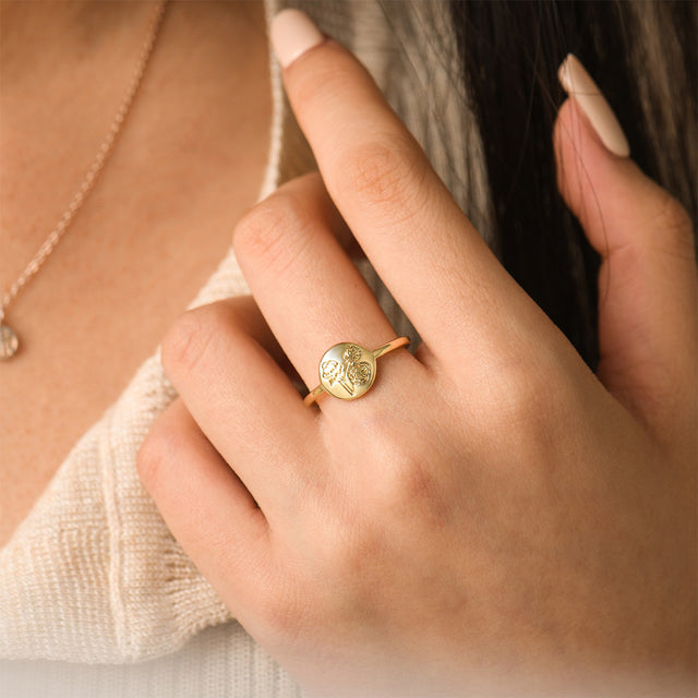 model wearing gold Family Monthly Florals Ring