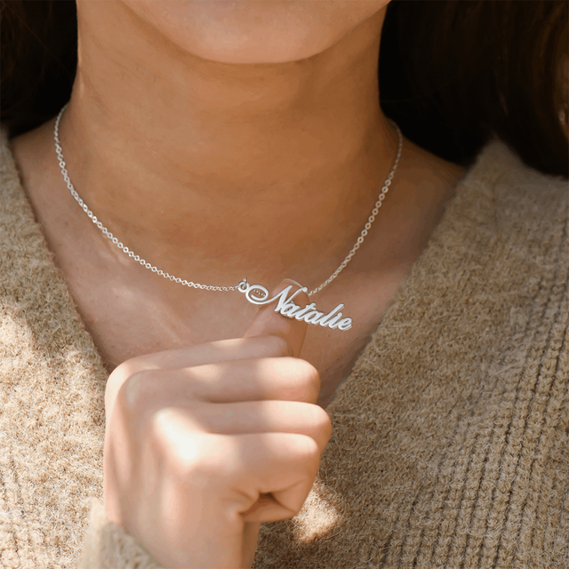 Model wearing Classic Vertical Name Necklace