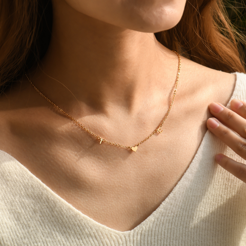 model wearing the gold Personalized Couple Initials Necklace