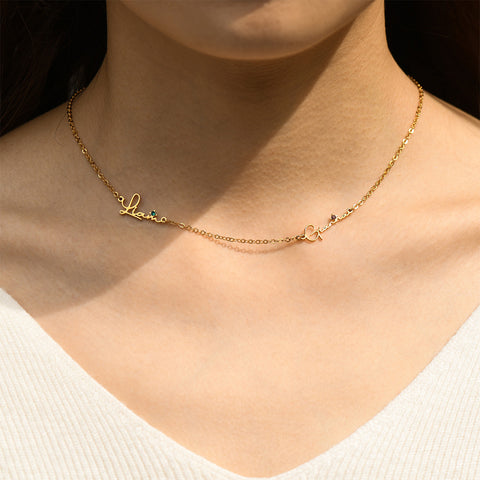 model wearing the gold Minimalist Birthstone Name Necklace