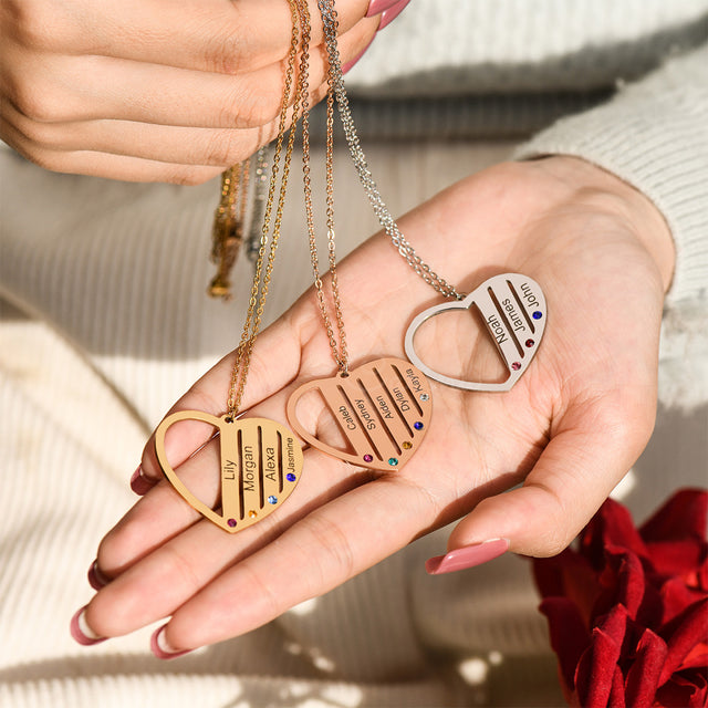 gold, rose gold, and silver Mom Birthstone Necklaces on model's palm