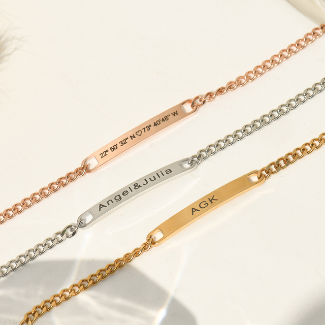 rose gold, silver, and gold Custom Message Chain Bracelets on plain white background