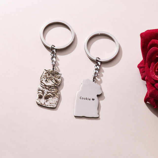 Custom Lifelike Pet Keychain front and back sides with a red rose at the side