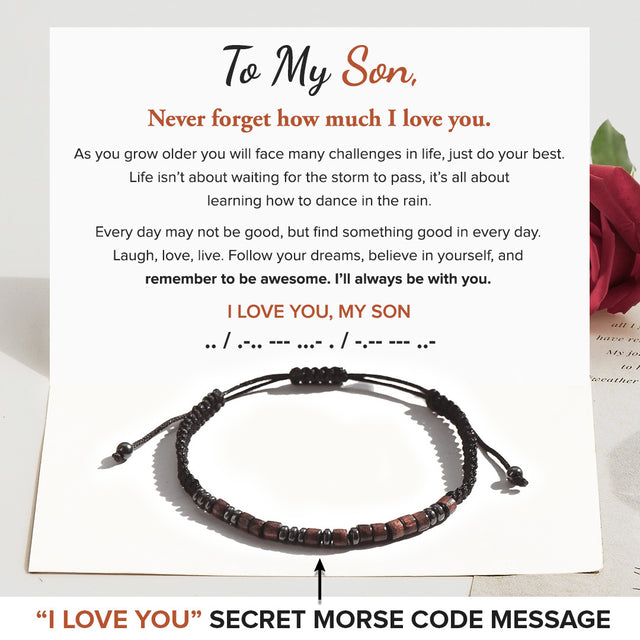 To My Son, I Love You Morse Code Bracelet with heartwarming message card