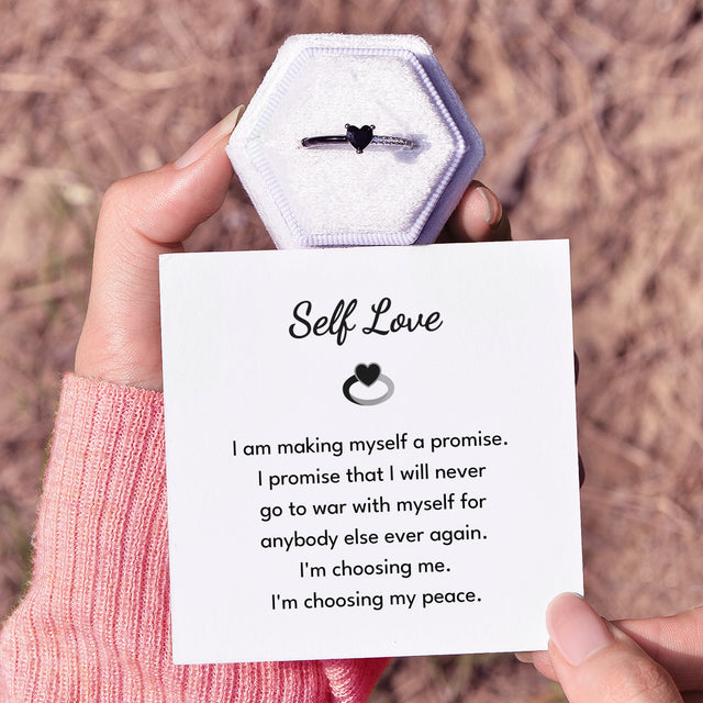 Message card featuring the I'm Choosing My Peace Black Enamel Ring