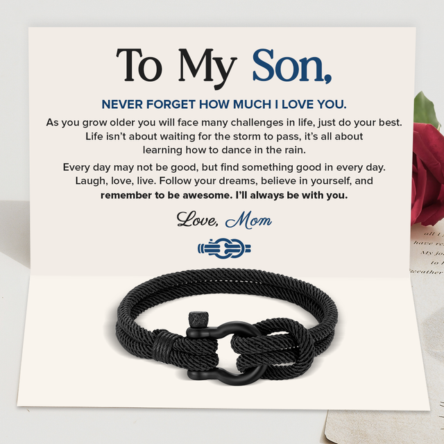 Black To My Son, I Will Always Be With You Nautical Bracelet with a heartwarming message