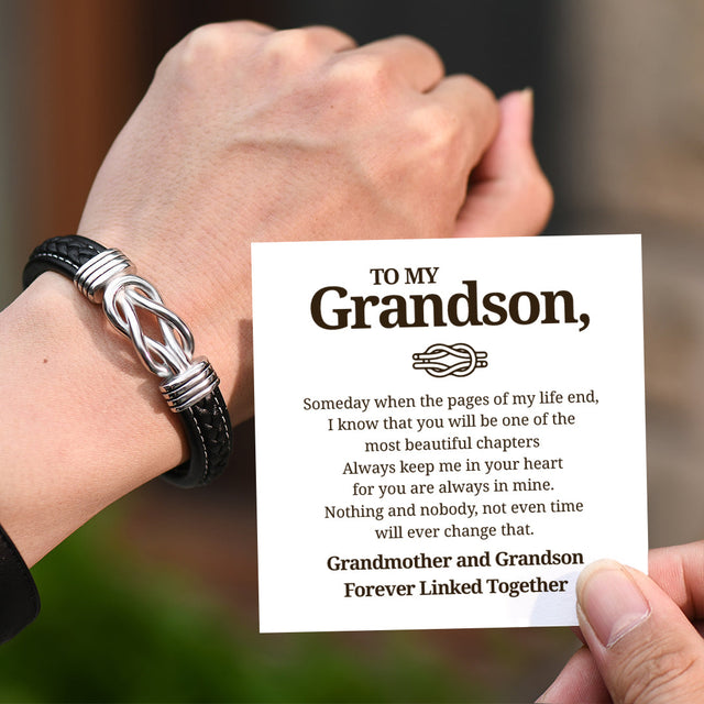 Grandmother and Grandson Forever Linked Together Braided Leather Bracelet with the heartwarming message card