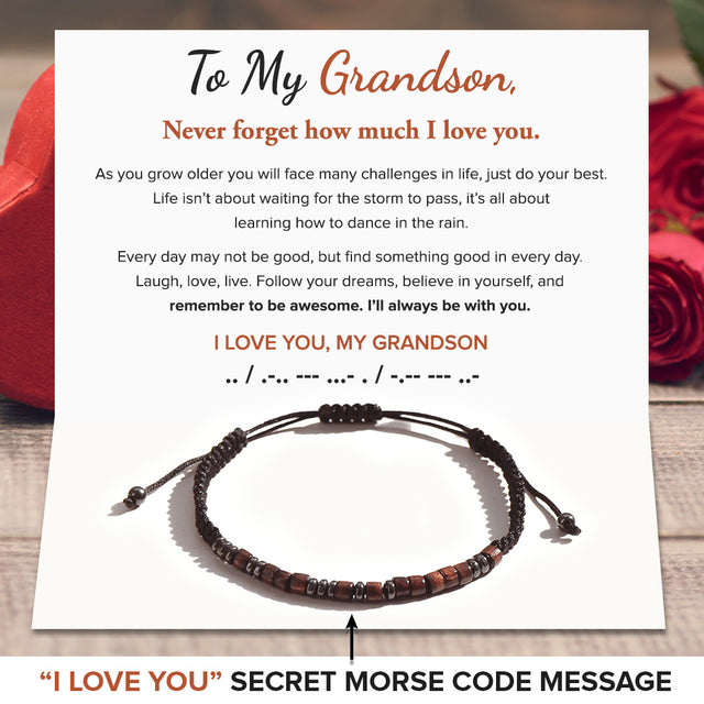 To My Grandson, I Love You Morse Code Bracelet card design and message